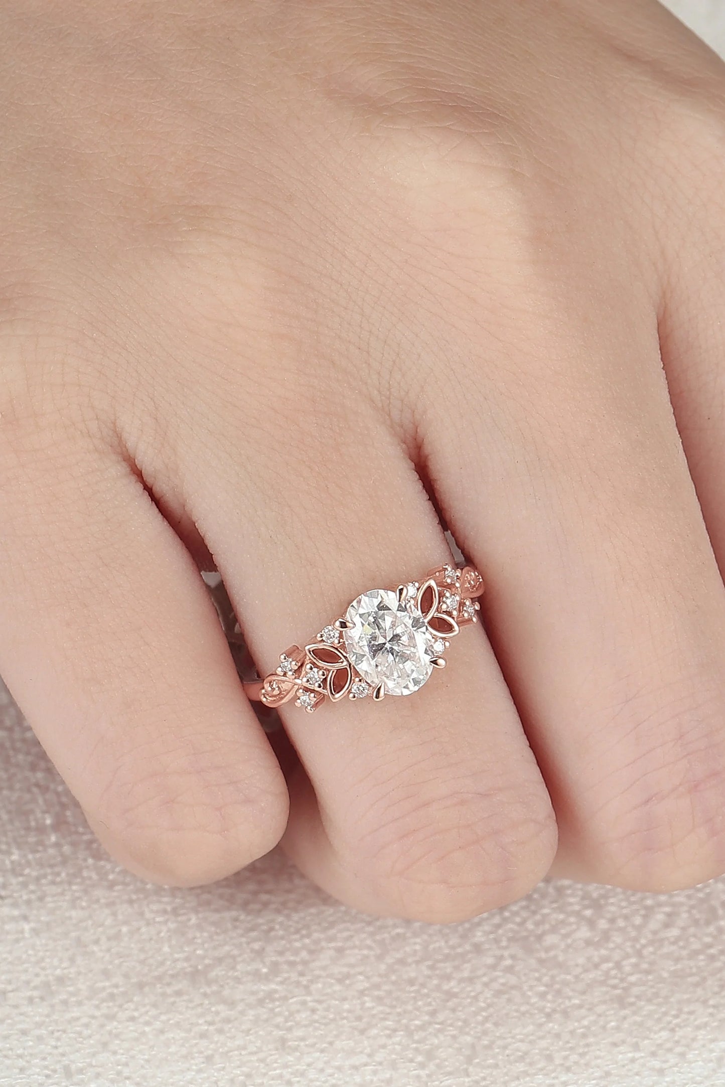 Nature Inspired Oval Moissanite Petal Shape Gemstone Ring