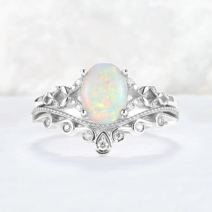Nature Inspired Oval Natural Opal Ring Set 2pcs