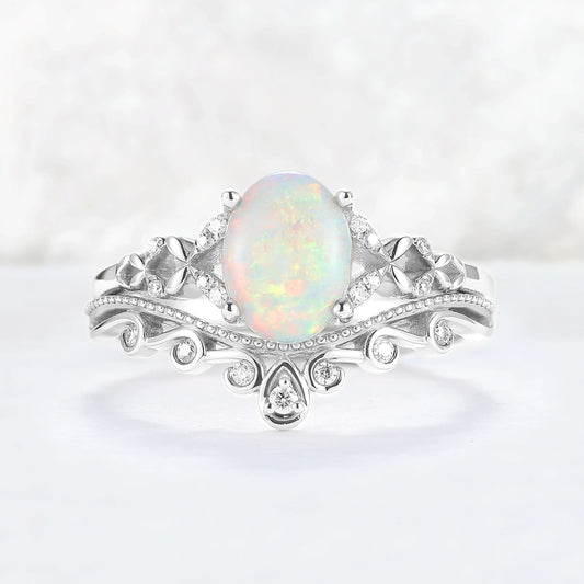 Nature Inspired Oval Natural Opal Ring Set 2pcs