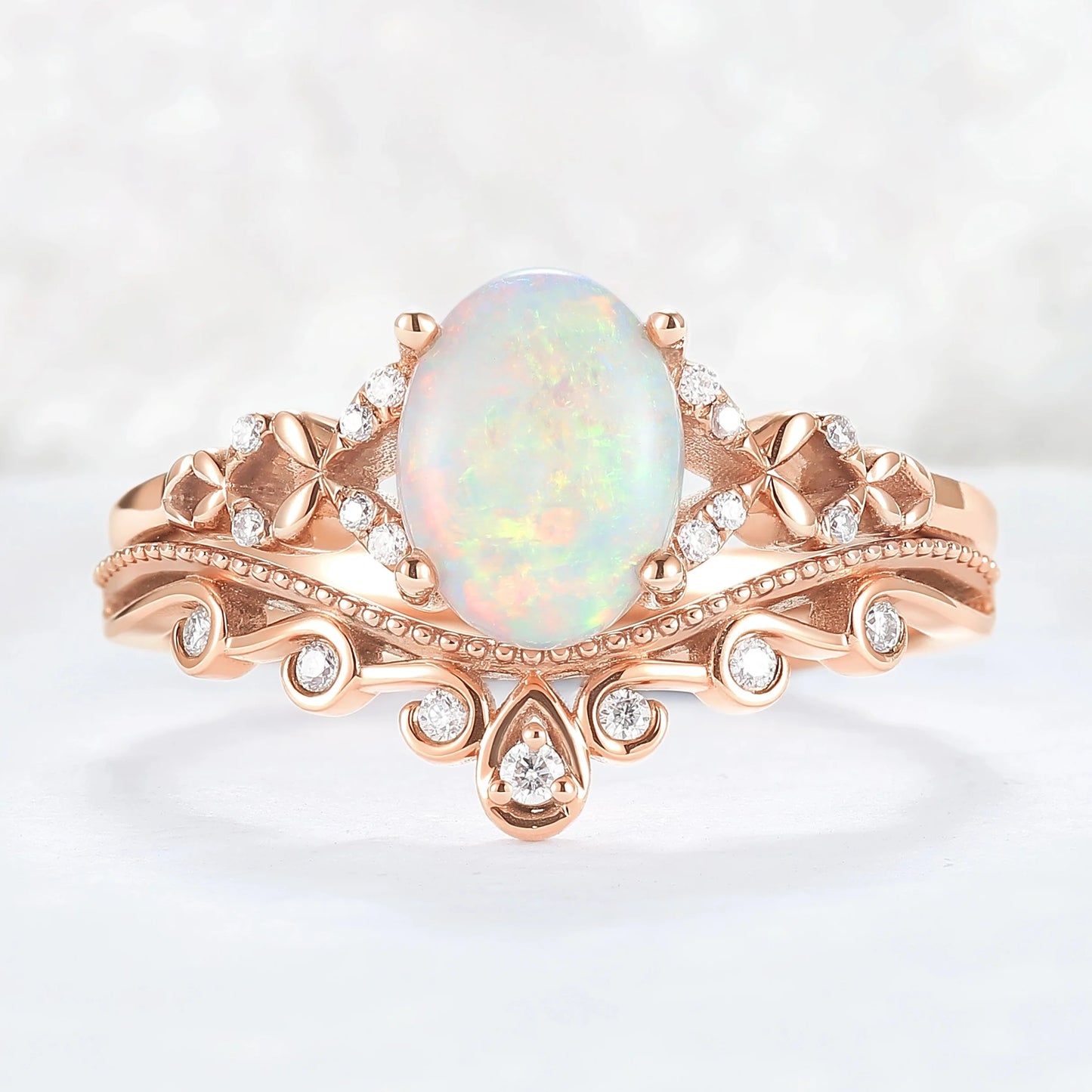 Nature Inspired Oval Natural Opal Ring Set 2pcs