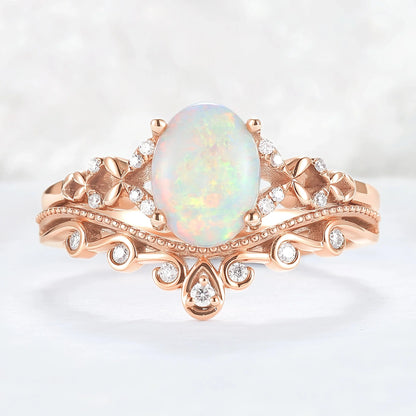 Nature Inspired Oval Natural Opal Ring Set 2pcs