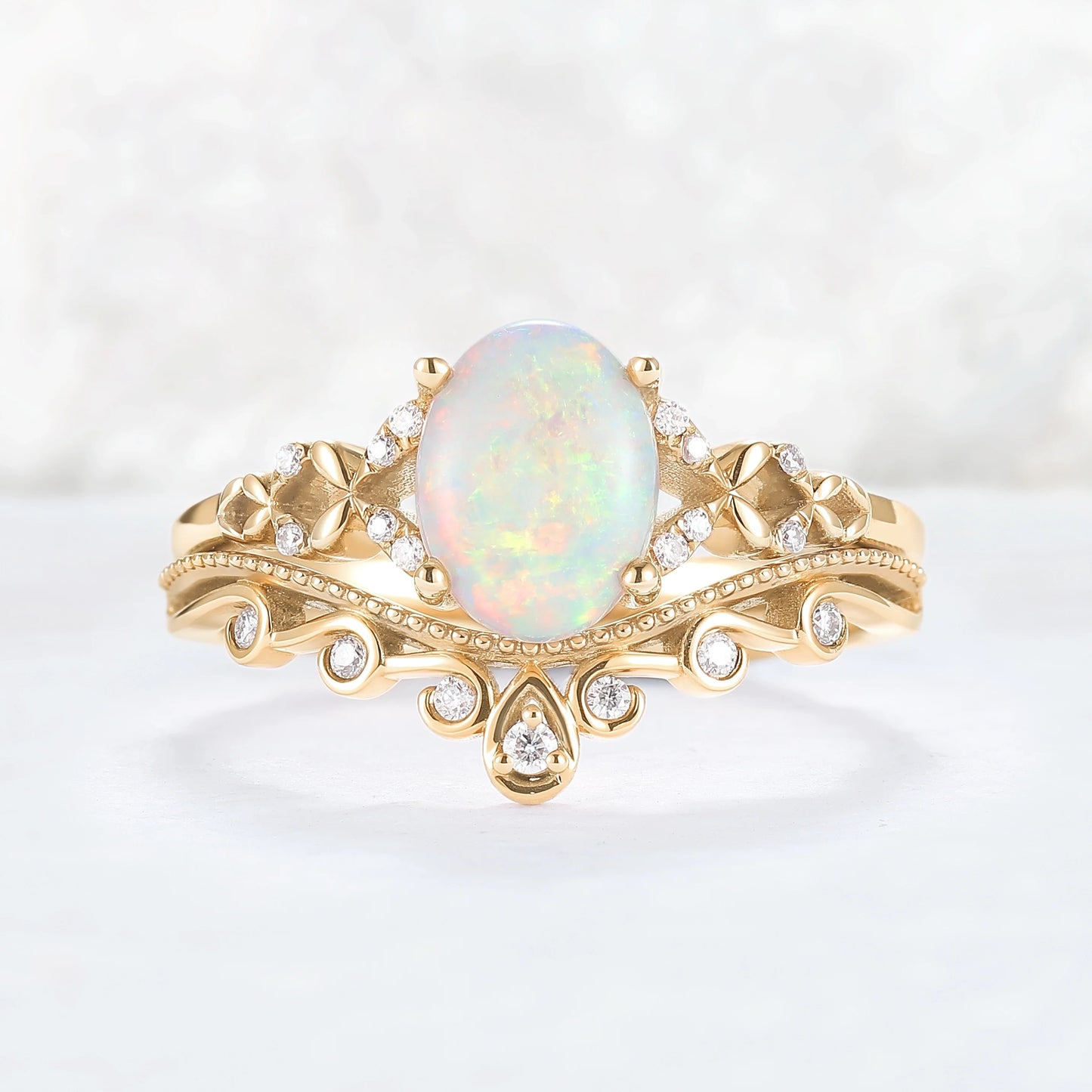 Nature Inspired Oval Natural Opal Ring Set 2pcs
