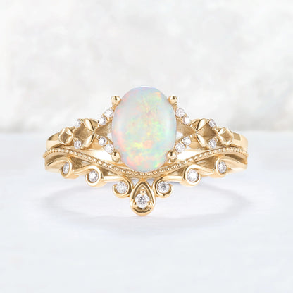 Nature Inspired Oval Natural Opal Ring Set 2pcs