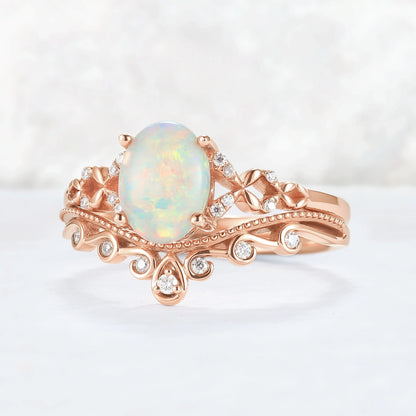 Nature Inspired Oval Natural Opal Ring Set 2pcs