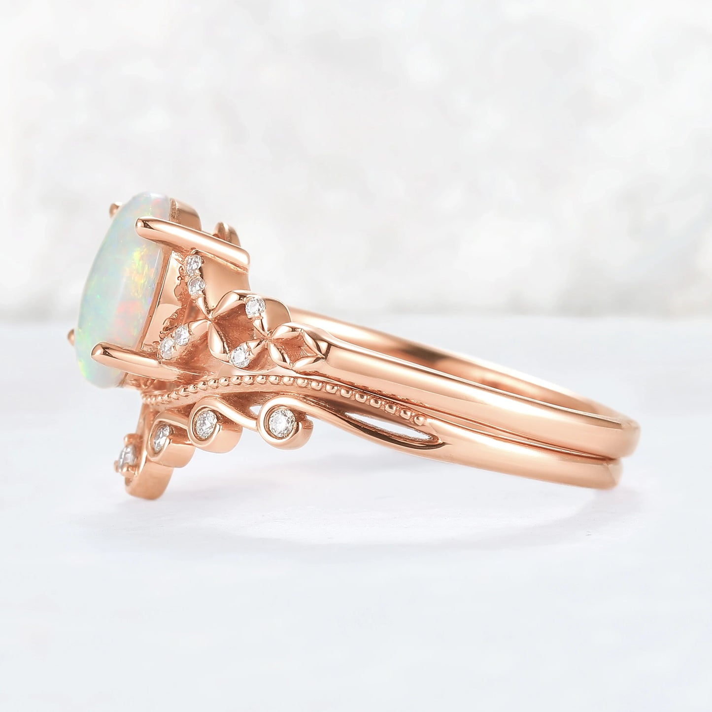 Nature Inspired Oval Natural Opal Ring Set 2pcs