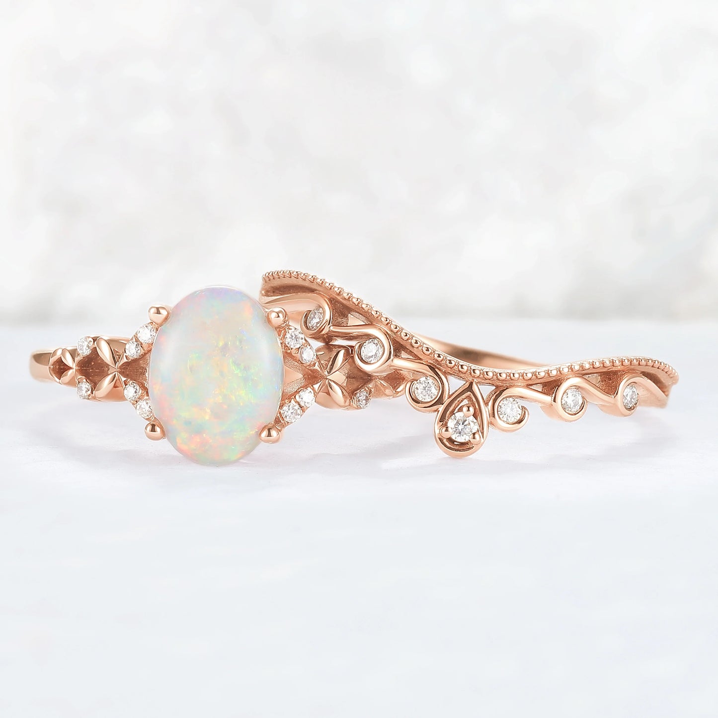 Nature Inspired Oval Natural Opal Ring Set 2pcs