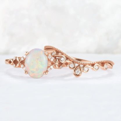 Nature Inspired Oval Natural Opal Ring Set 2pcs