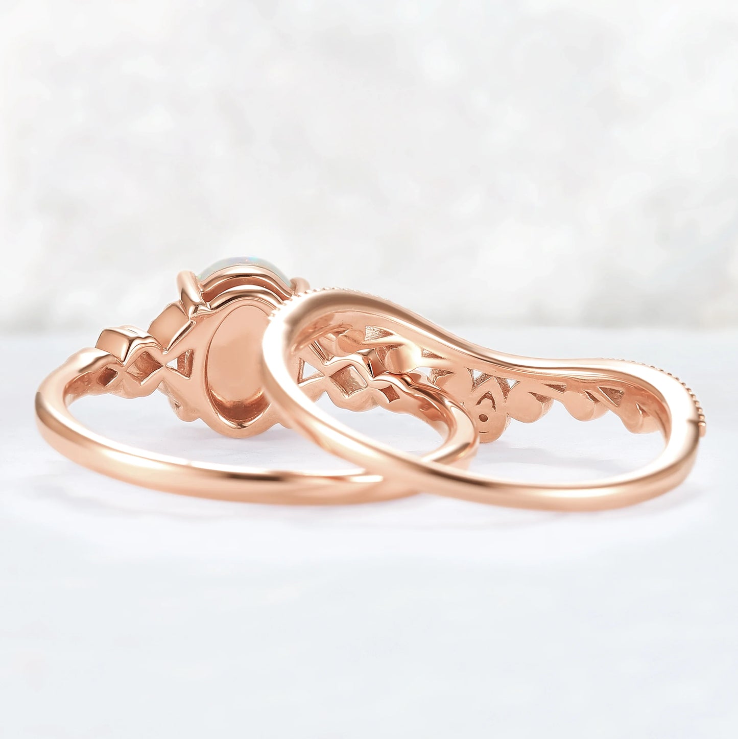 Nature Inspired Oval Natural Opal Ring Set 2pcs