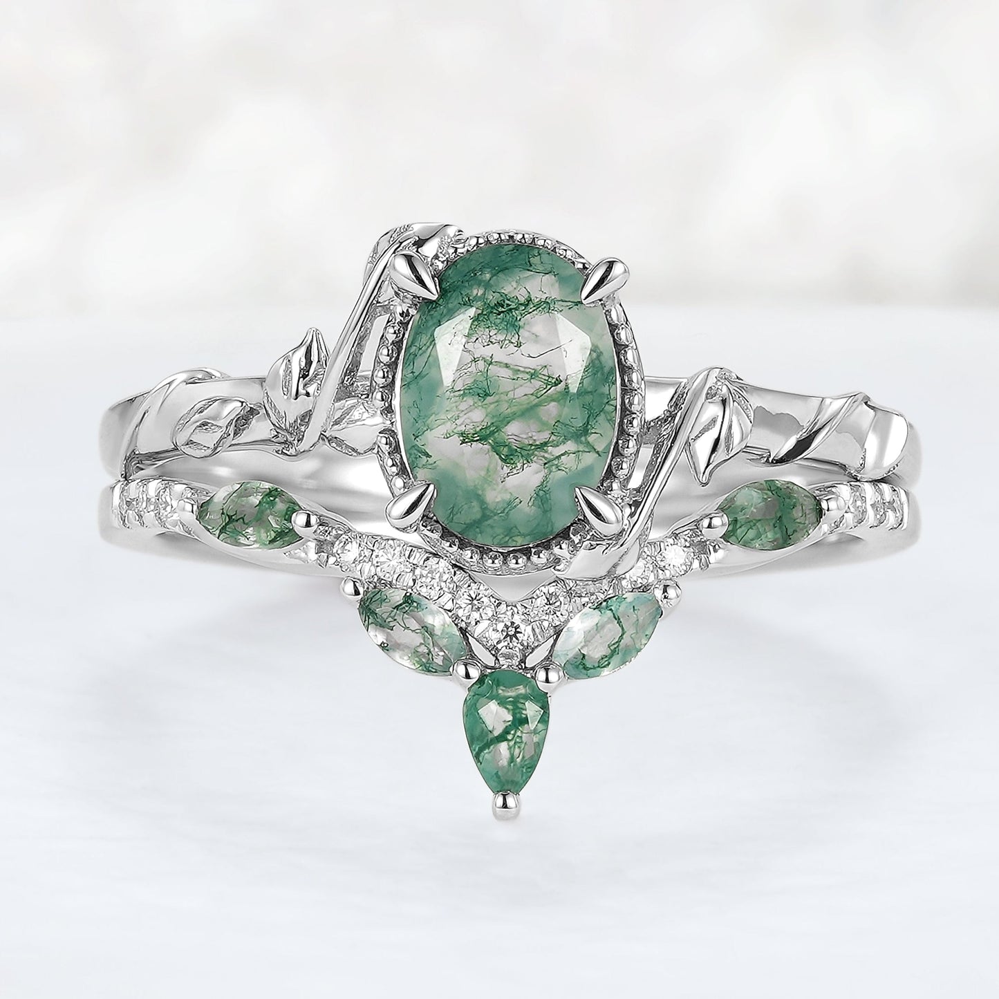 Nature Inspired Oval Shaped Moss Agate Leaf Gemstone Ring Set 2pcs