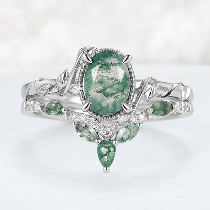 Nature Inspired Oval Shaped Moss Agate Leaf Gemstone Ring Set 2pcs