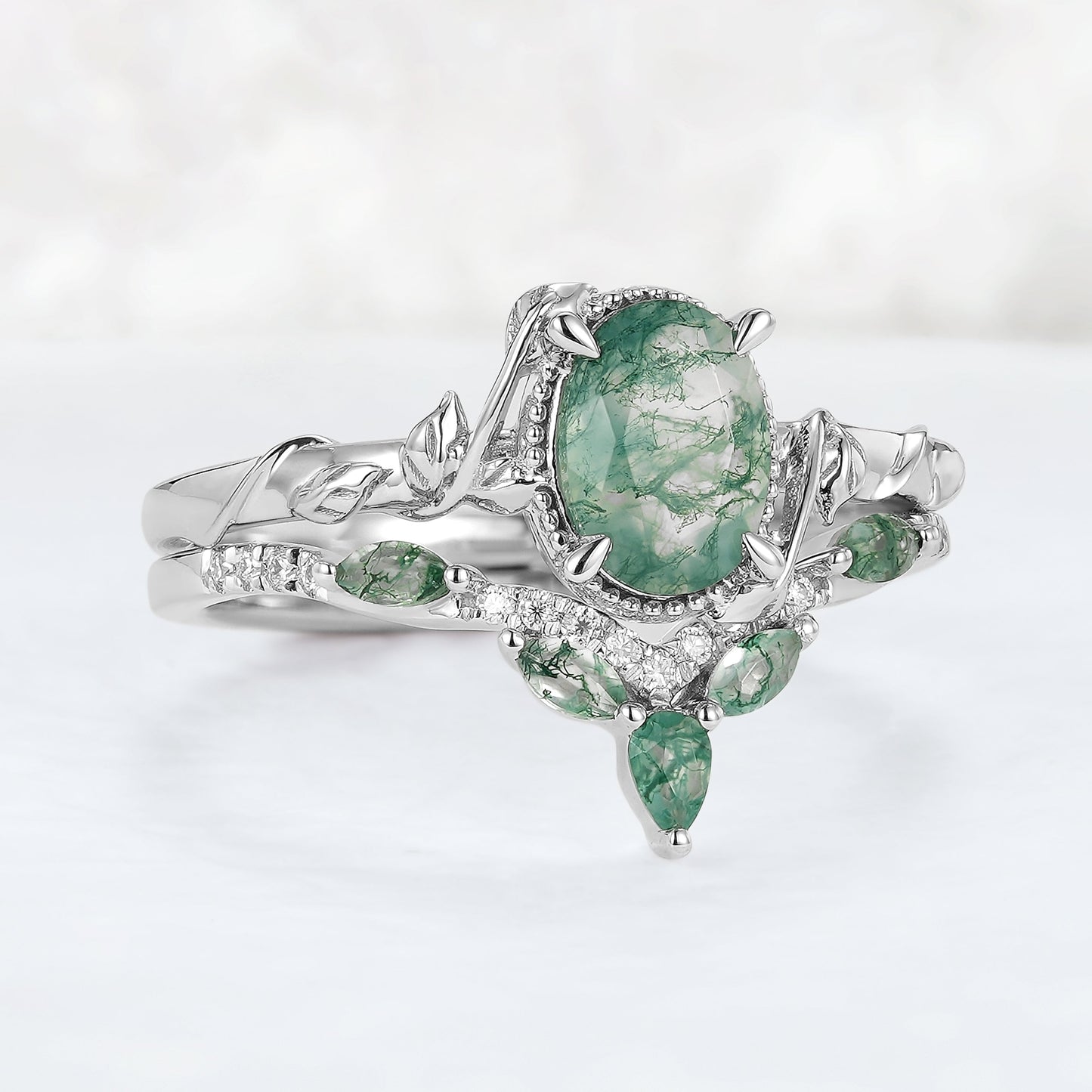Nature Inspired Oval Shaped Moss Agate Leaf Gemstone Ring Set 2pcs