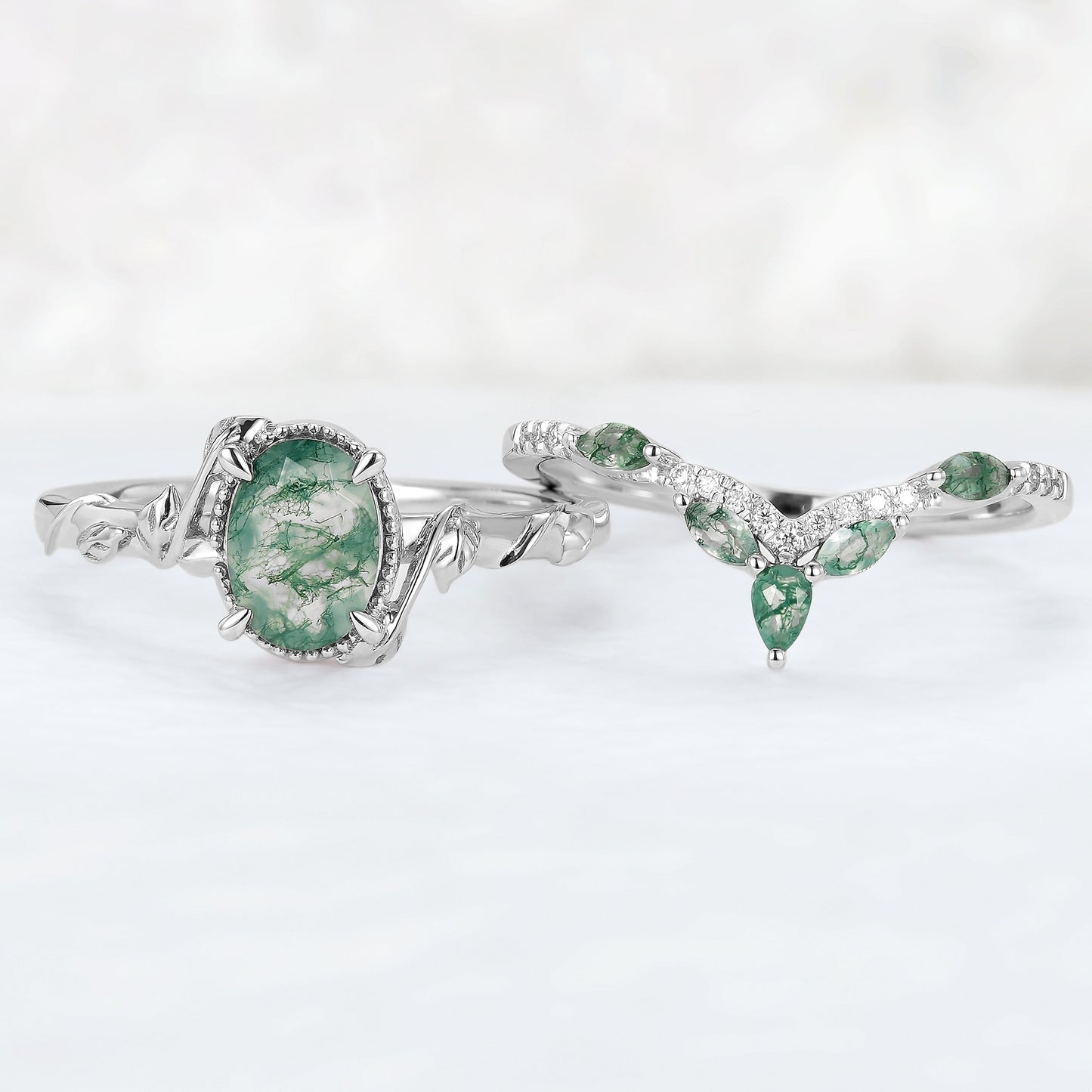 Nature Inspired Oval Shaped Moss Agate Leaf Gemstone Ring Set 2pcs