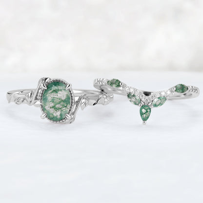 Nature Inspired Oval Shaped Moss Agate Leaf Gemstone Ring Set 2pcs