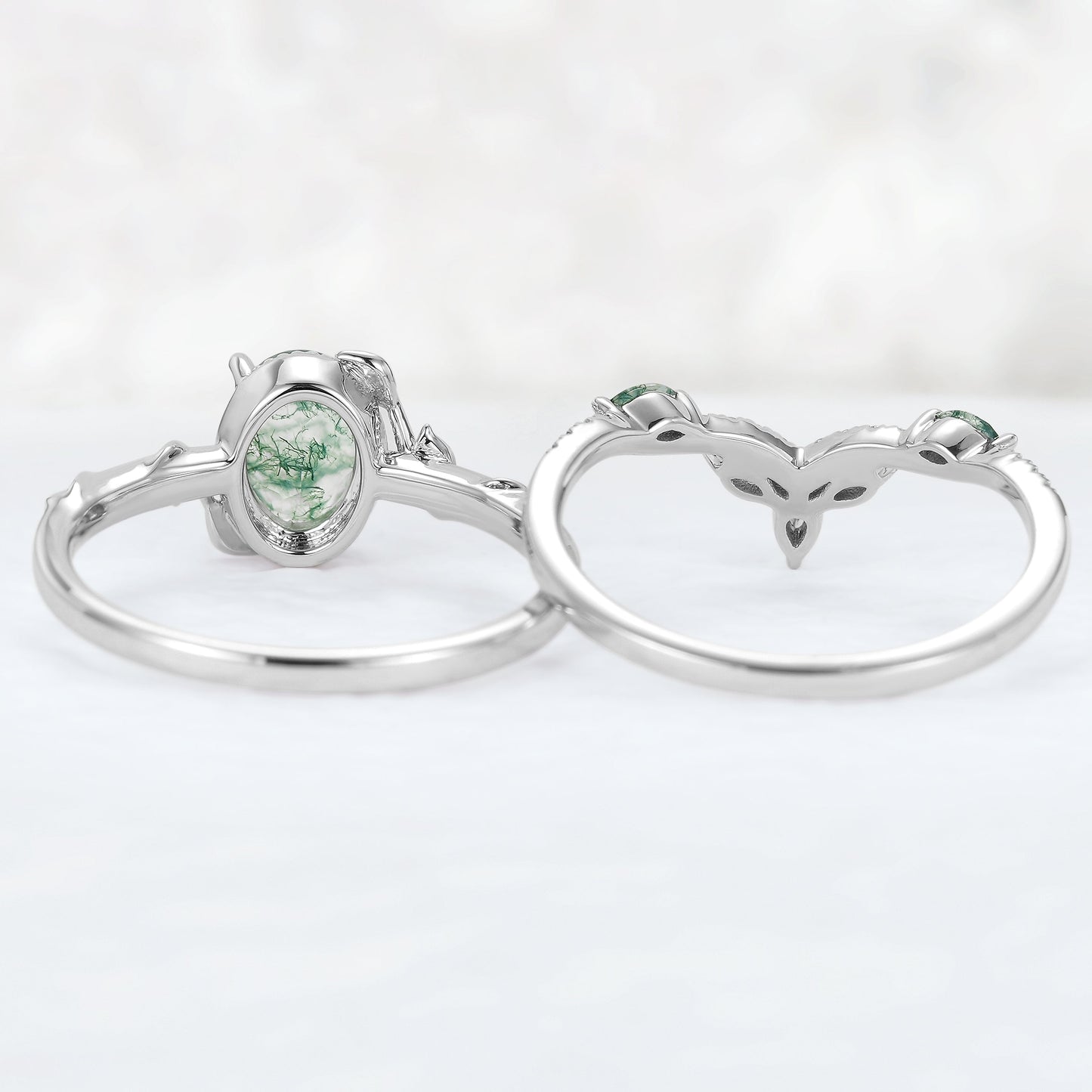 Nature Inspired Oval Shaped Moss Agate Leaf Gemstone Ring Set 2pcs