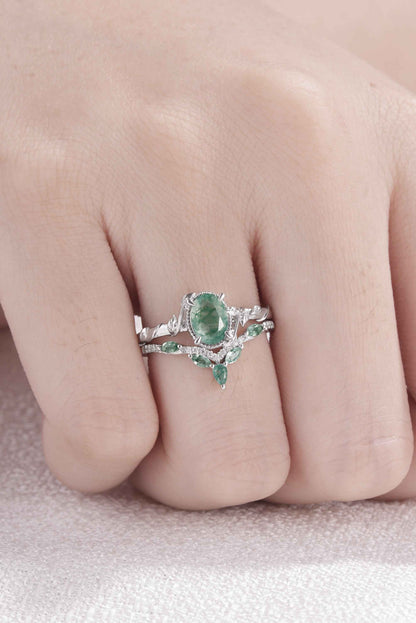 Nature Inspired Oval Shaped Moss Agate Leaf Gemstone Ring Set 2pcs