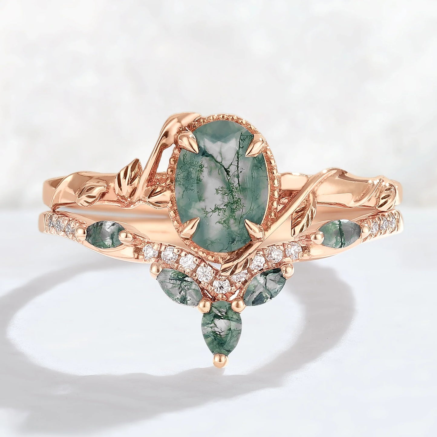 Nature Inspired Oval Shaped Moss Agate Leaf Gemstone Ring Set 2pcs