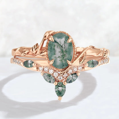 Nature Inspired Oval Shaped Moss Agate Leaf Gemstone Ring Set 2pcs