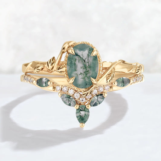 Nature Inspired Oval Shaped Moss Agate Leaf Gemstone Ring Set 2pcs