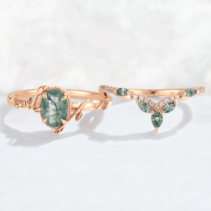 Nature Inspired Oval Shaped Moss Agate Leaf Gemstone Ring Set 2pcs