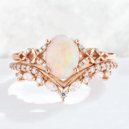 Nature Inspired Oval Shaped Opal Gemstone Ring Set 2pcs