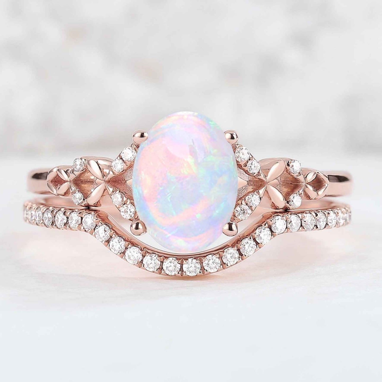 Nature Inspired Oval Shaped Opal Gemstone Ring Set