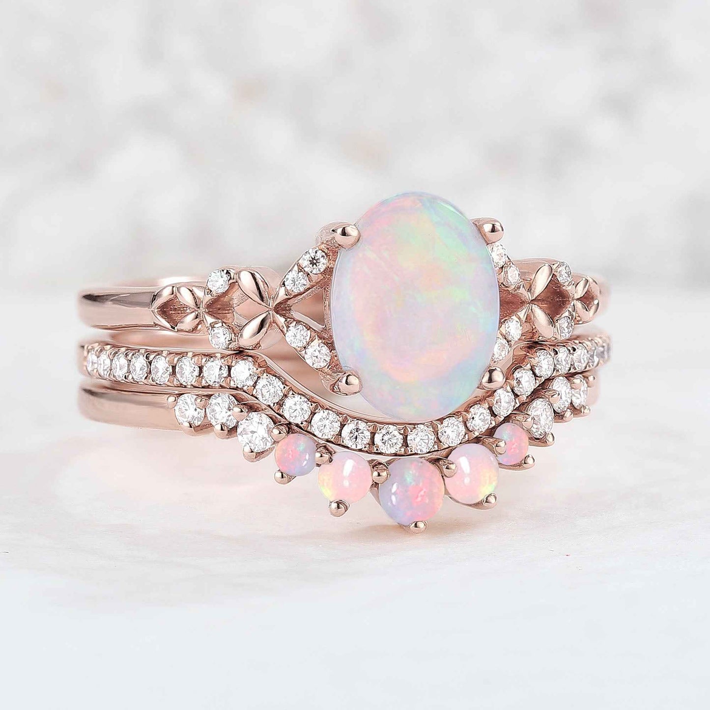 Nature Inspired Oval Shaped Opal Handmade Ring Set 3pcs