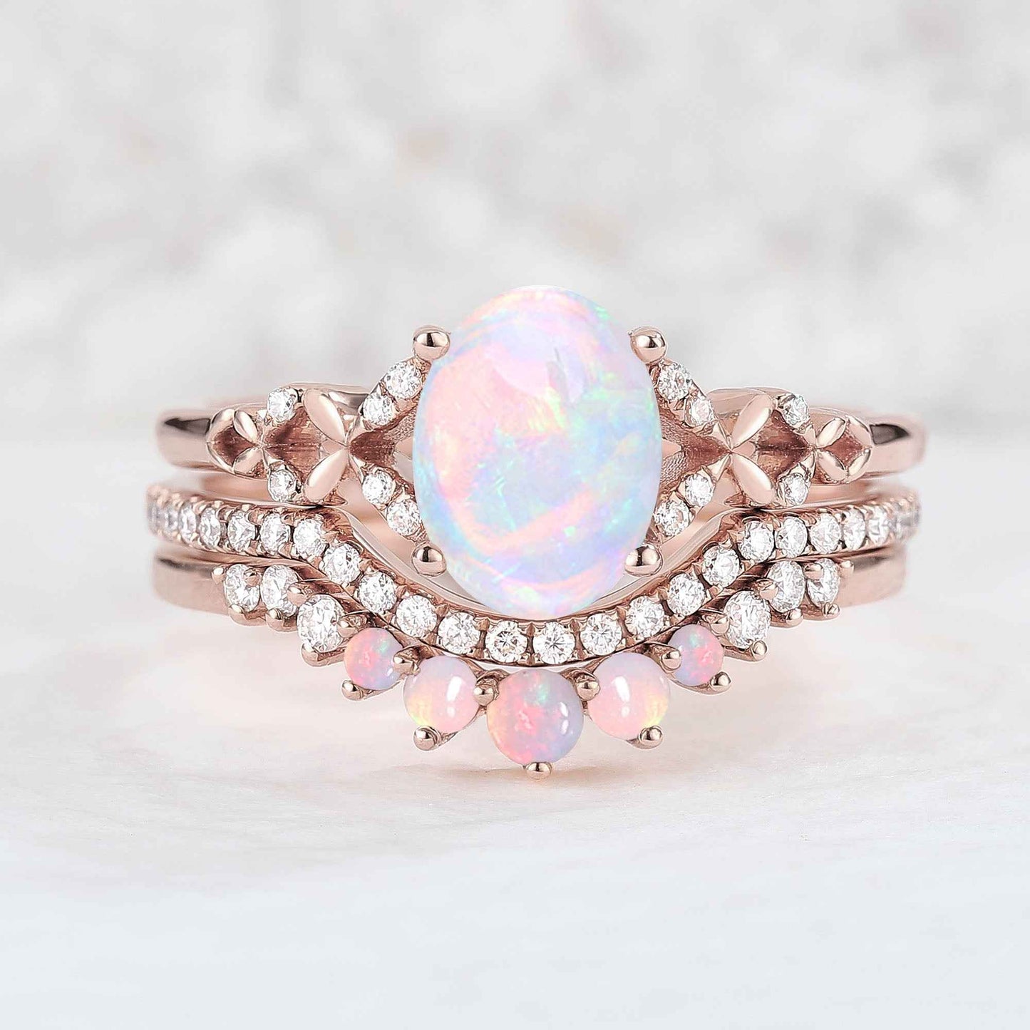 Nature Inspired Oval Shaped Opal Handmade Ring Set 3pcs