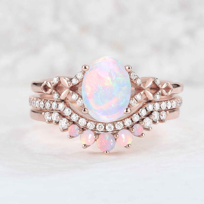 Nature Inspired Oval Shaped Opal Handmade Ring Set 3pcs