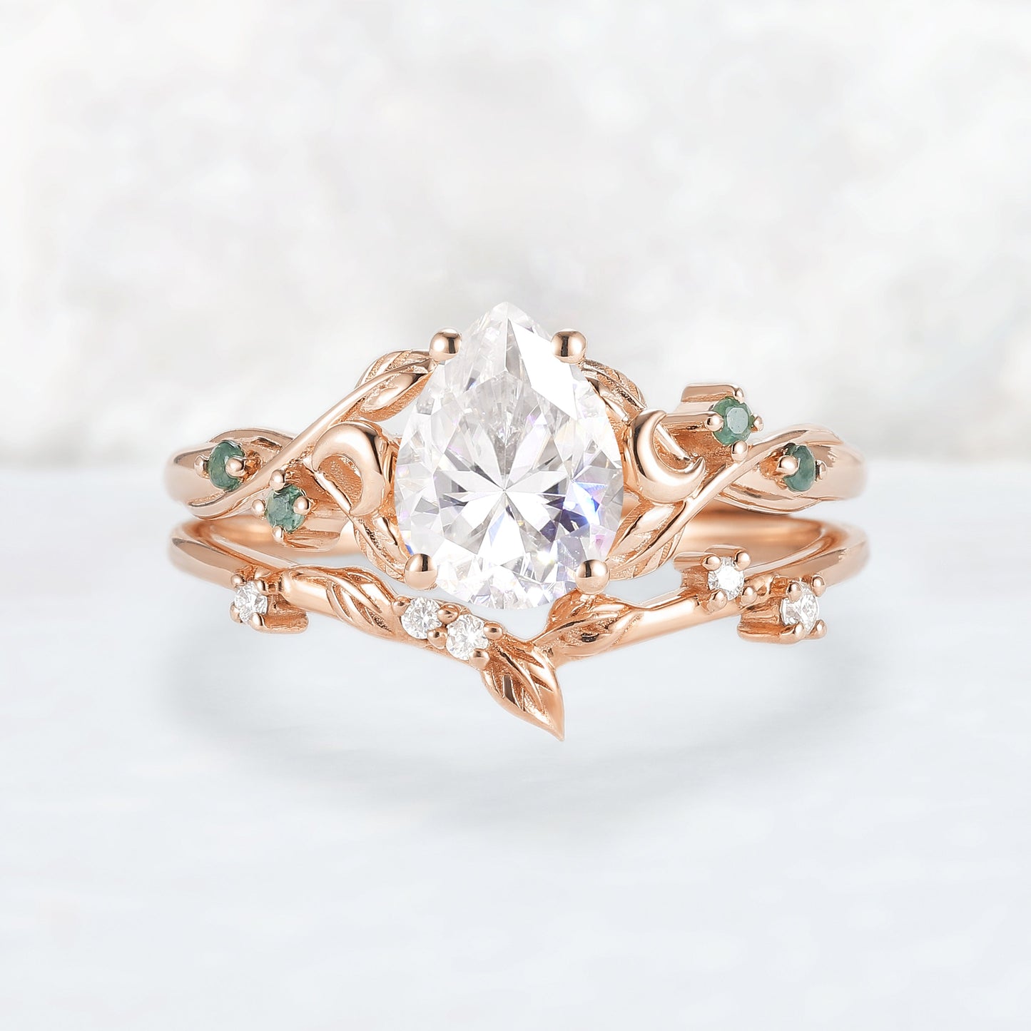 Nature Inspired Pear Cut Moissanite Moon Gemstone Ring Set 2pcs