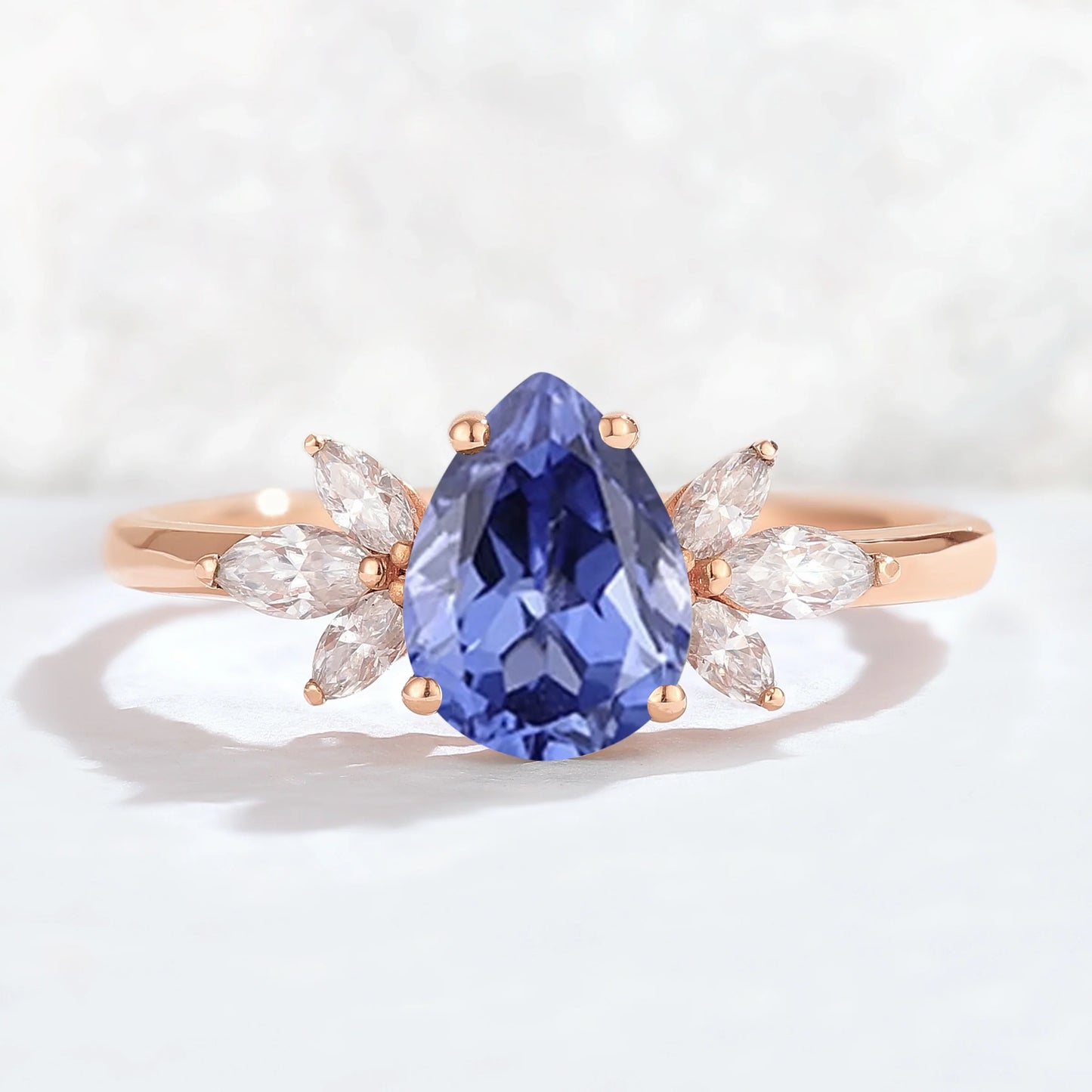 Nature Inspired Pear Cut Cornflower Sapphire with Petal Side Gemstone Ring