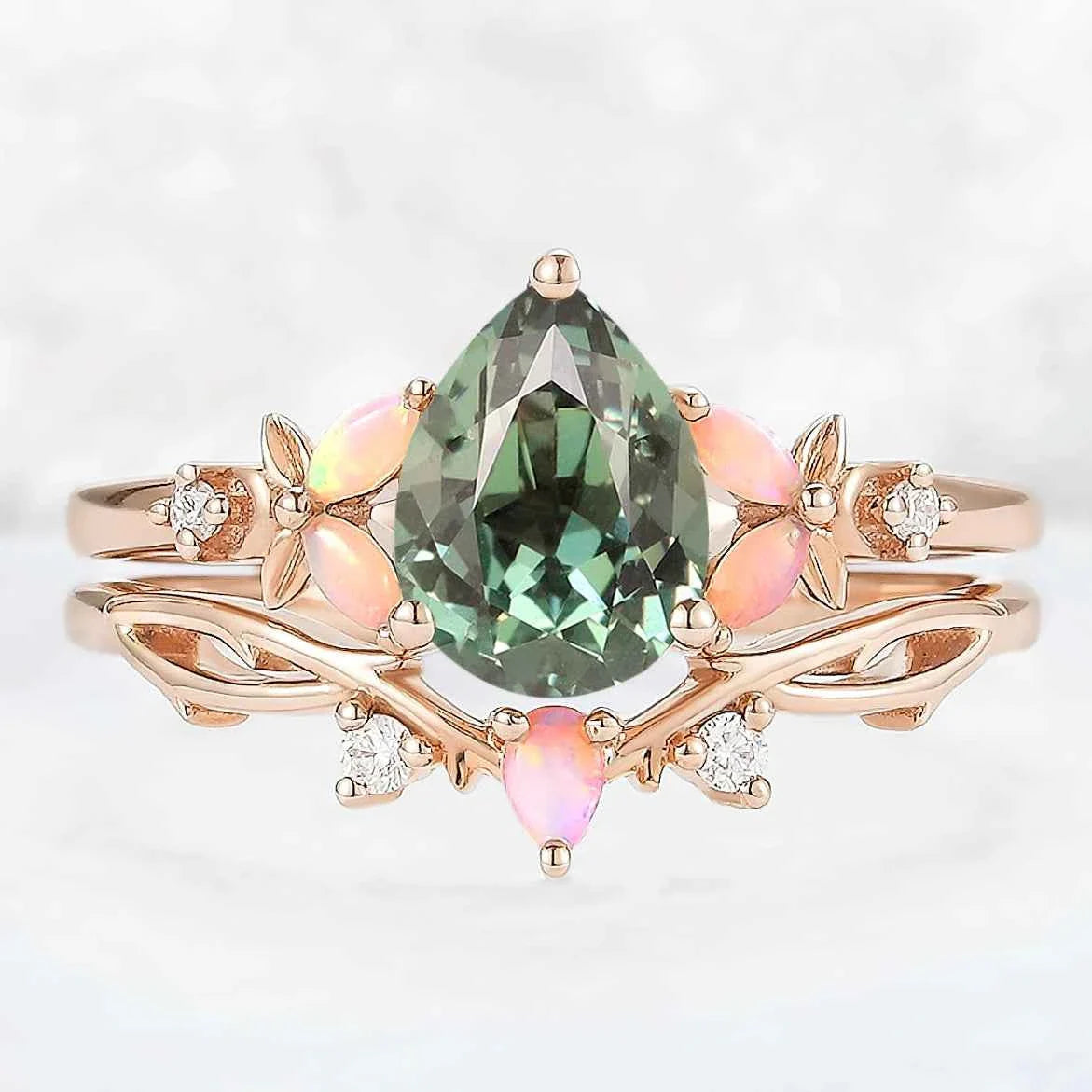 Nature Inspired Pear Cut Green Sapphire Gemstone Ring Set 2pcs