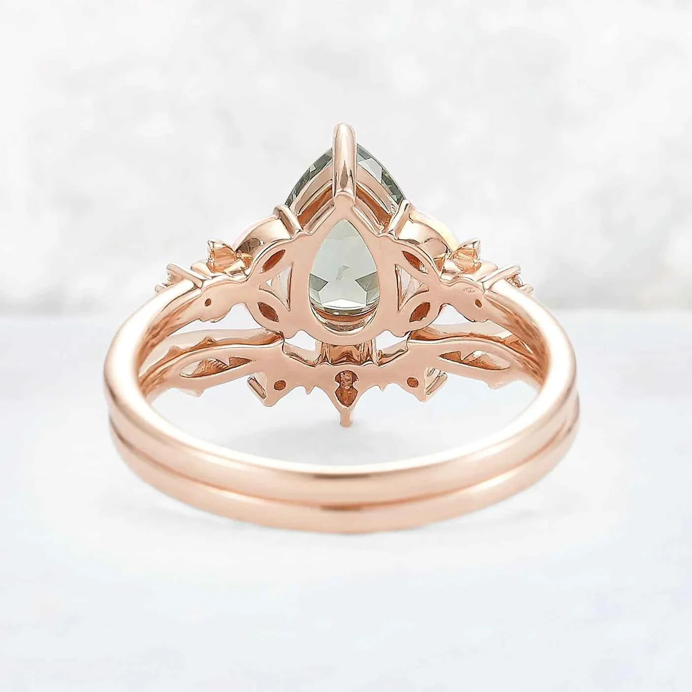 Nature Inspired Pear Cut Green Sapphire Gemstone Ring Set 2pcs
