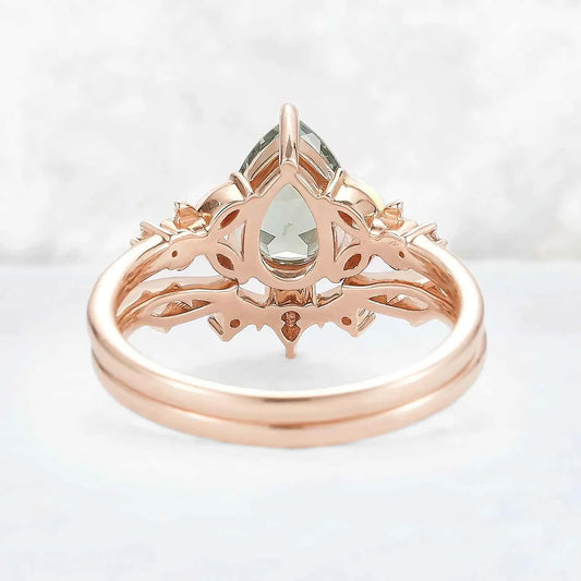 Nature Inspired Pear Cut Green Sapphire Gemstone Ring Set 2pcs