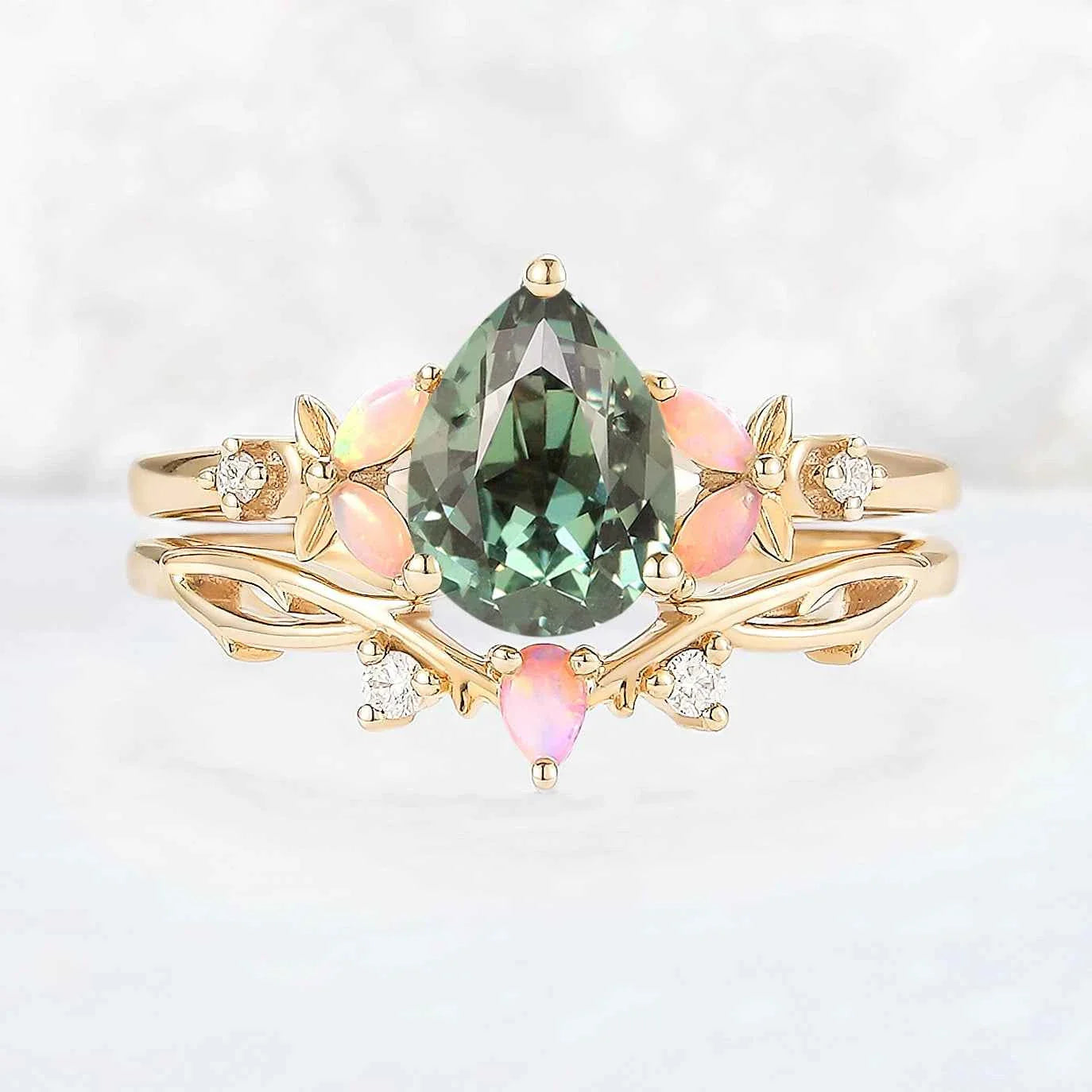 Nature Inspired Pear Cut Green Sapphire Gemstone Ring Set 2pcs