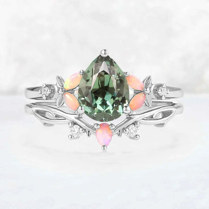 Nature Inspired Pear Cut Green Sapphire Gemstone Ring Set 2pcs