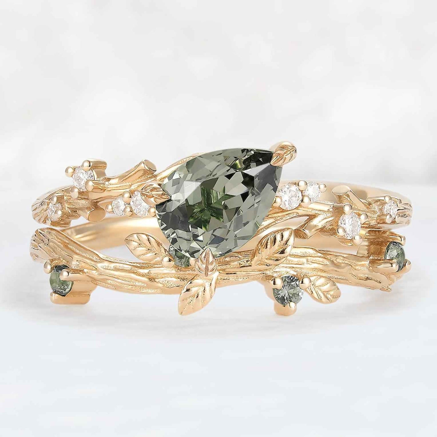Pear Cut Lab Green Sapphire and Moissanite Vine Ring Set 2pcs