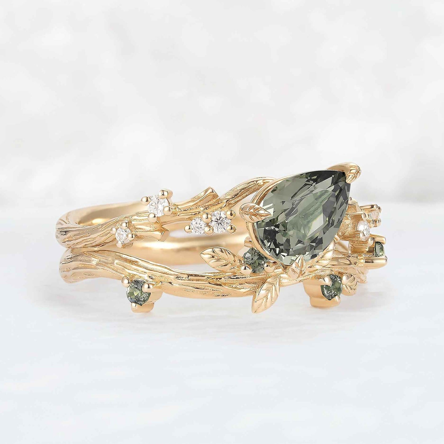 Pear Cut Lab Green Sapphire and Moissanite Vine Ring Set 2pcs