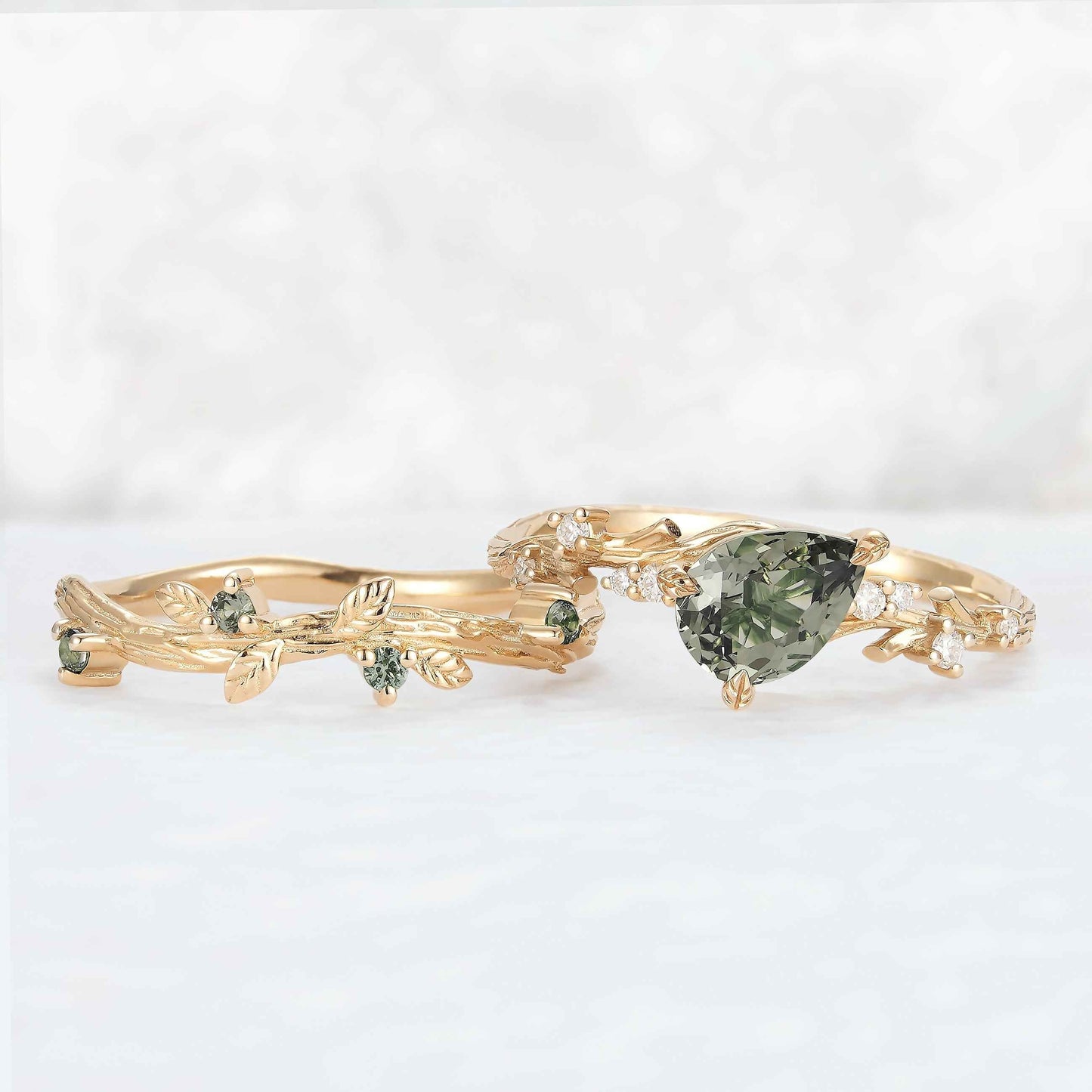 Pear Cut Lab Green Sapphire and Moissanite Vine Ring Set 2pcs