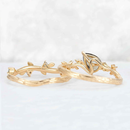 Pear Cut Lab Green Sapphire and Moissanite Vine Ring Set 2pcs