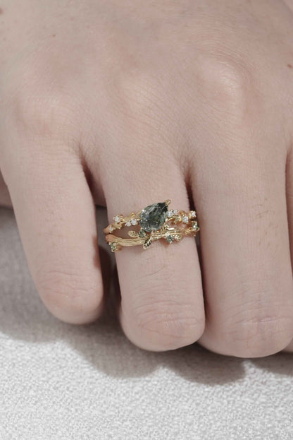 Pear Cut Lab Green Sapphire and Moissanite Vine Ring Set 2pcs