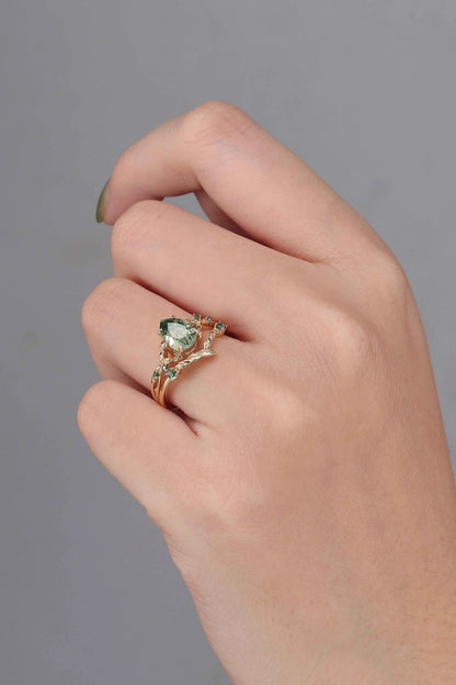 Nature Inspired Pear Cut Moss Agate Leafy Gemstone Ring 2pcs