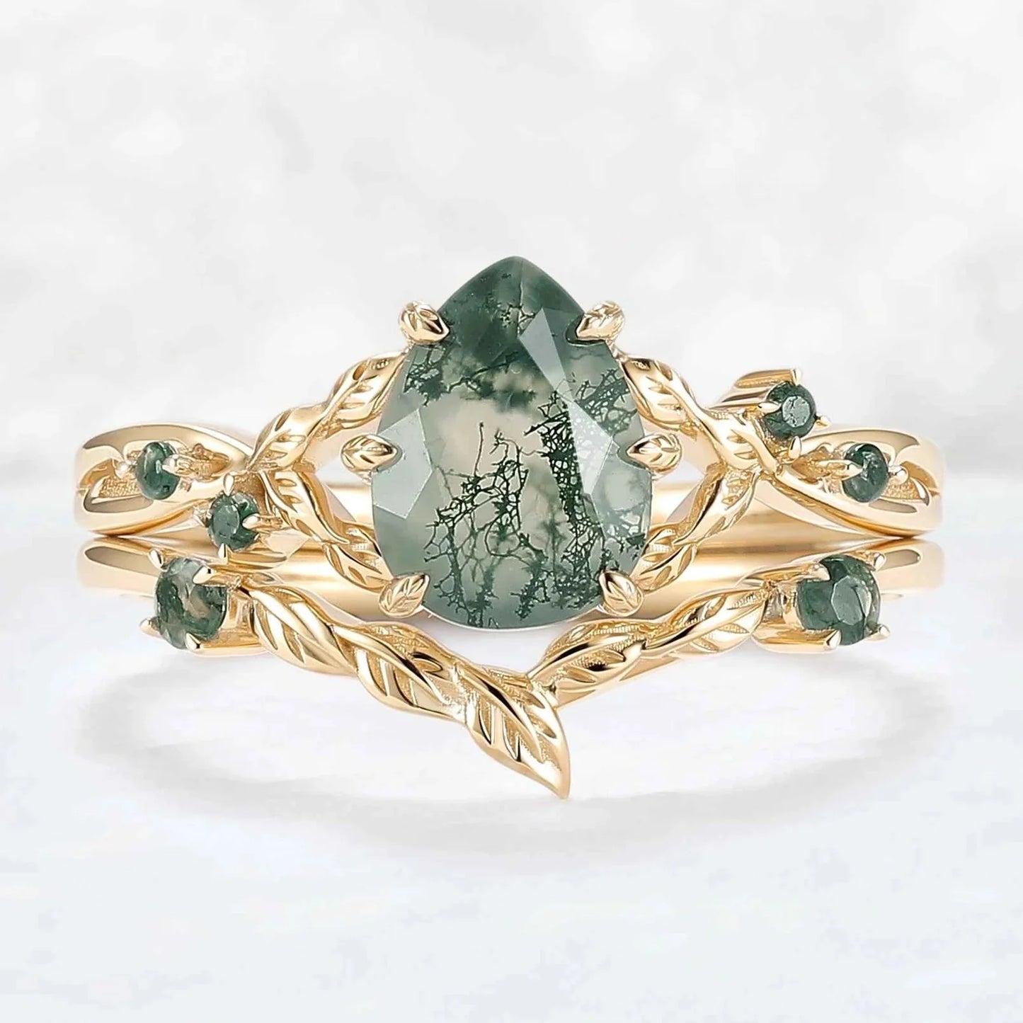 Nature Inspired Pear Cut Moss Agate Leafy Gemstone Ring 2pcs