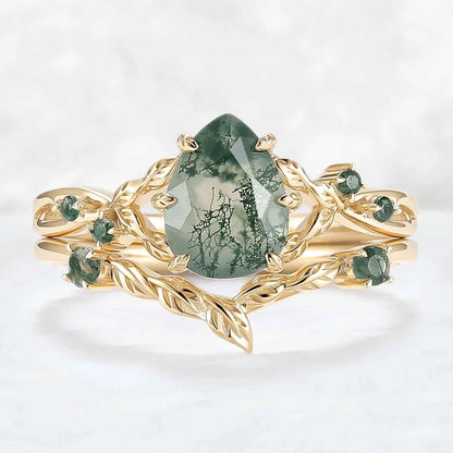 Nature Inspired Pear Cut Moss Agate Leafy Gemstone Ring 2pcs