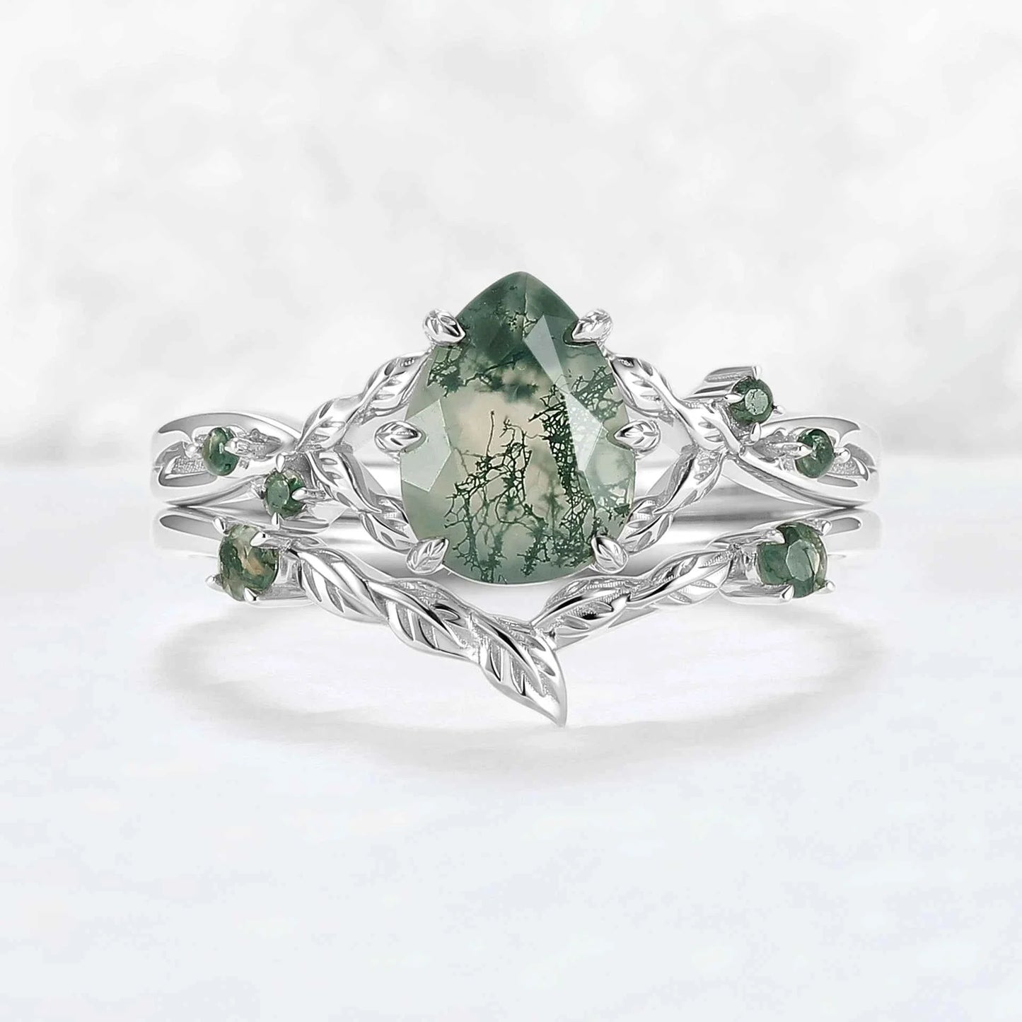Nature Inspired Pear Cut Moss Agate Leafy Gemstone Ring 2pcs
