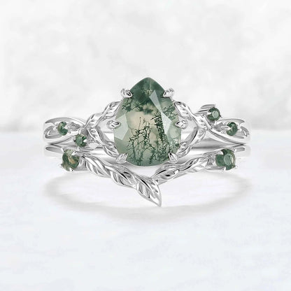 Nature Inspired Pear Cut Moss Agate Leafy Gemstone Ring 2pcs