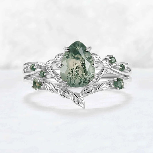 Nature Inspired Pear Cut Moss Agate Leafy Gemstone Ring 2pcs