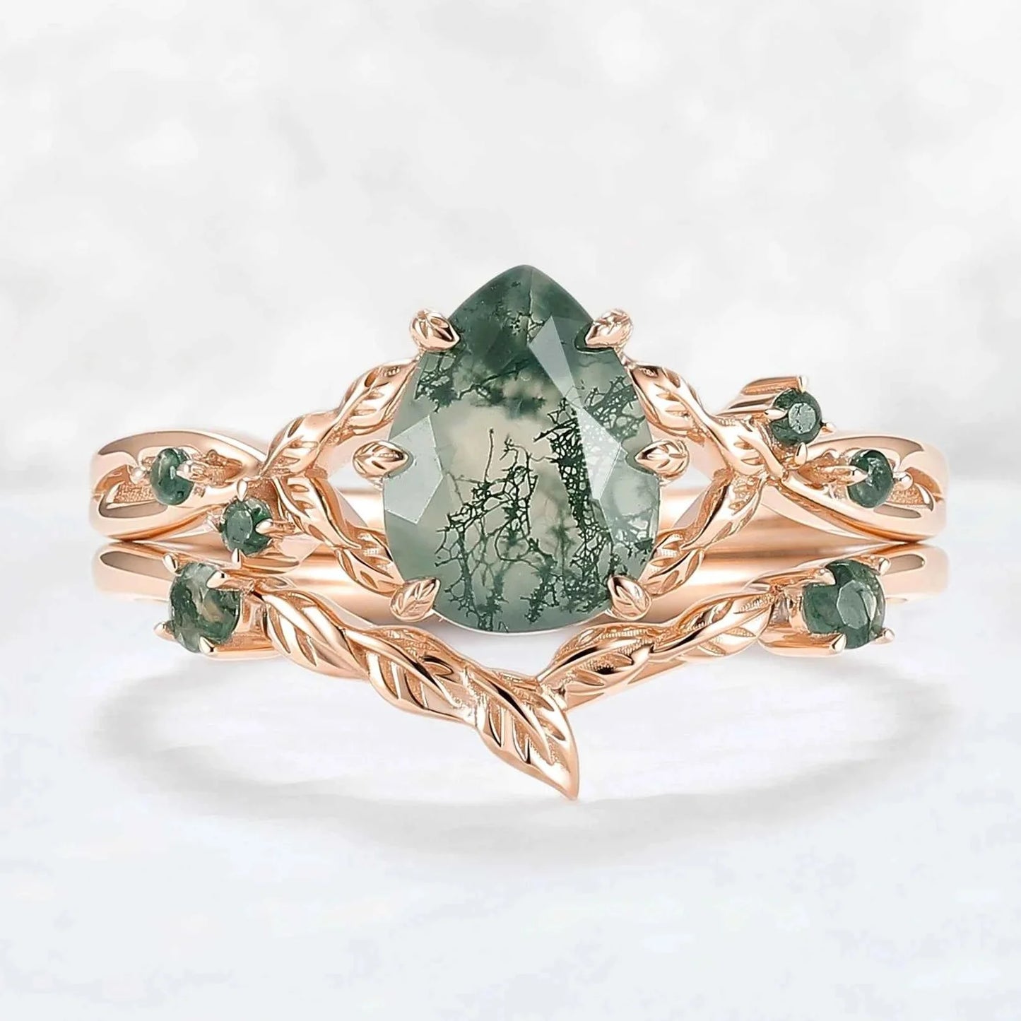 Nature Inspired Pear Cut Moss Agate Leafy Gemstone Ring 2pcs
