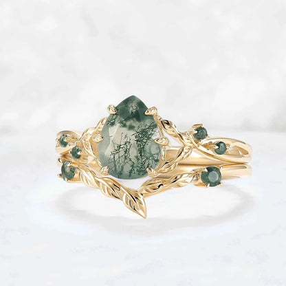 Nature Inspired Pear Cut Moss Agate Leafy Gemstone Ring 2pcs