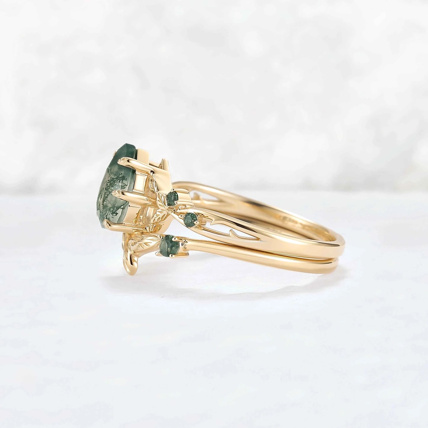 Nature Inspired Pear Cut Moss Agate Leafy Gemstone Ring 2pcs