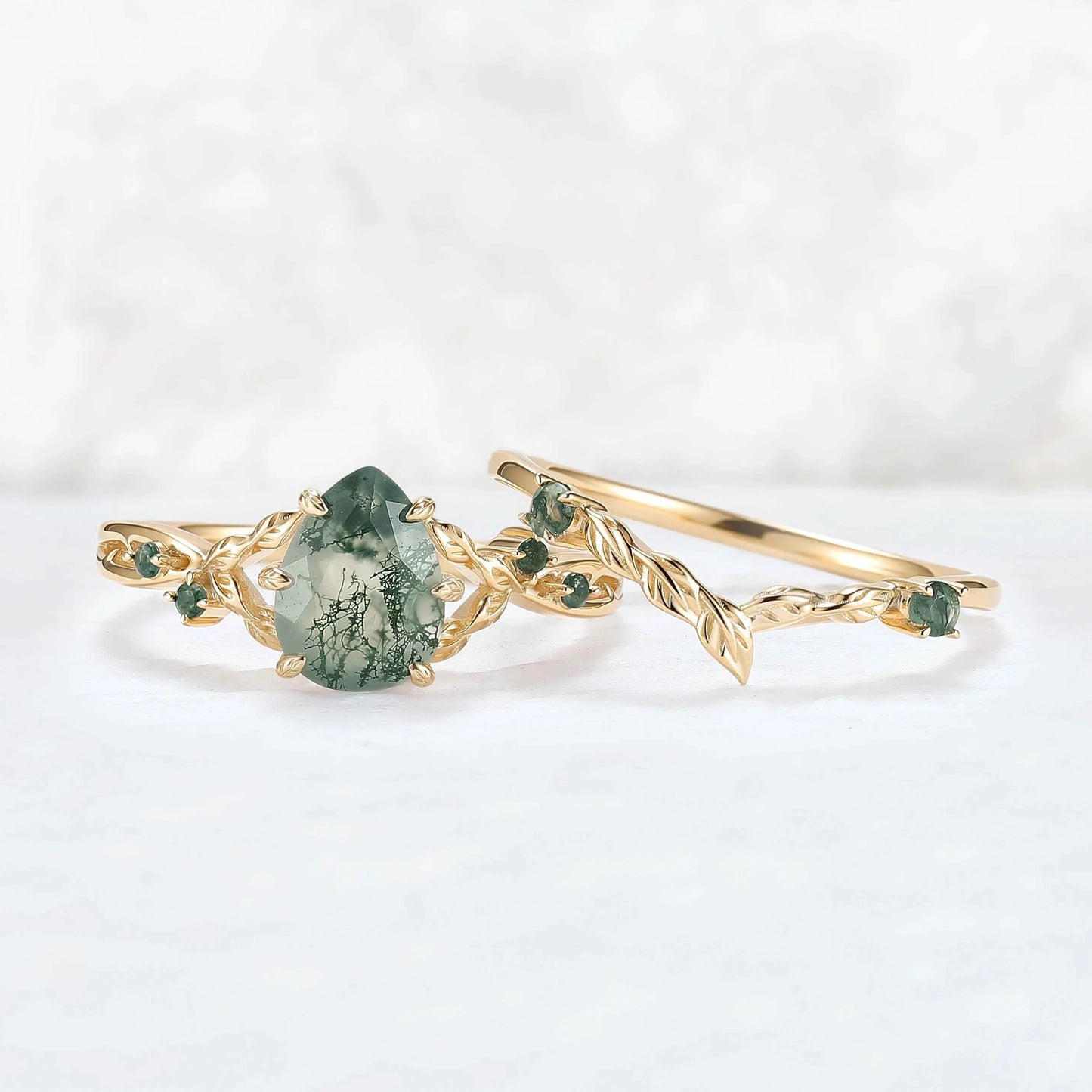 Nature Inspired Pear Cut Moss Agate Leafy Gemstone Ring 2pcs